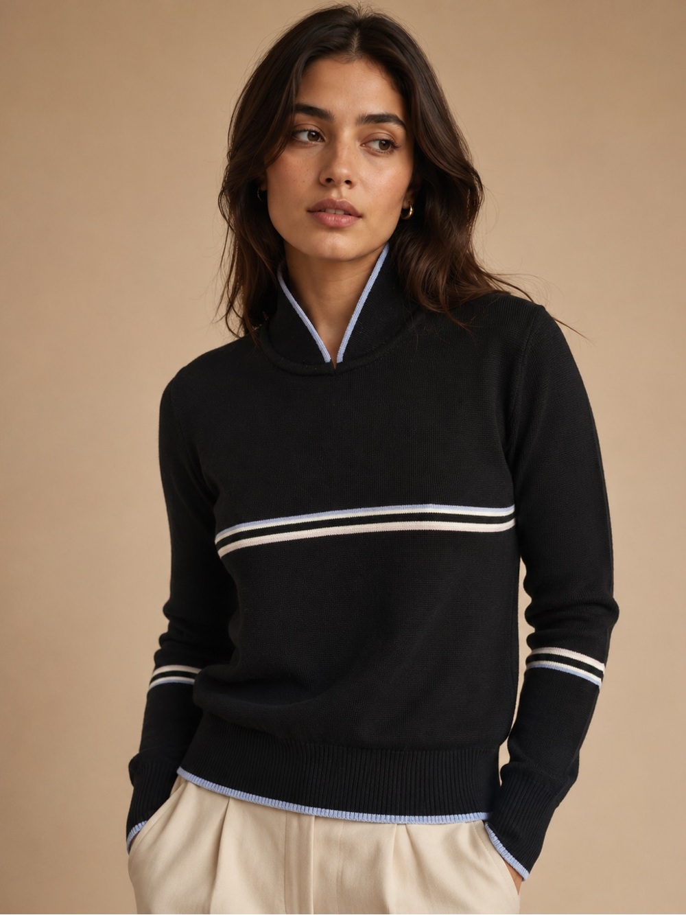 Vintage Ossi Skiwear Vintage Black Wool Blend Striped Mock Neck Ski Sweater S